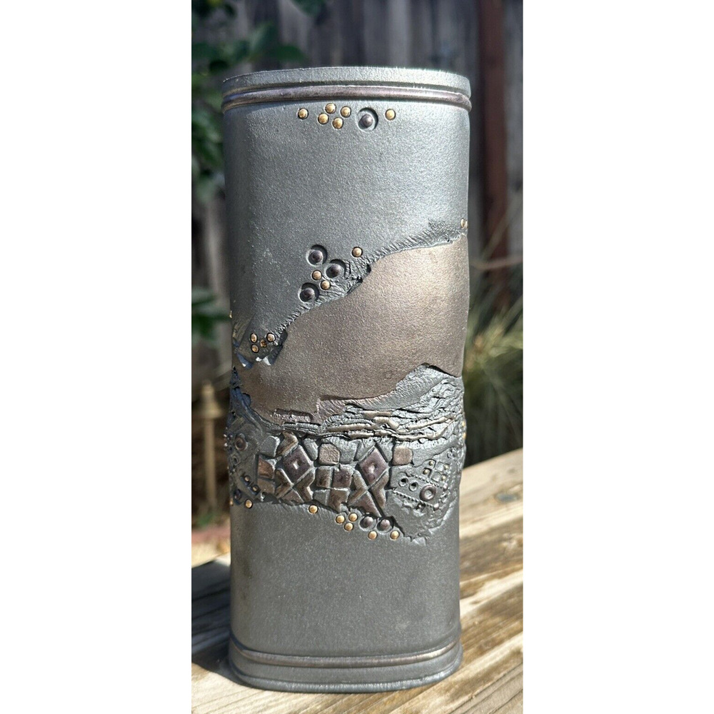 The Terry Pottery Dark Metallic Lustre with Gold/Brass Beads Vase 9.25" Tall
